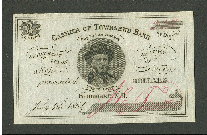 Brookline, NH, Townsend Bank 1864 Three Cent Note, PMG64-EPQ, 228